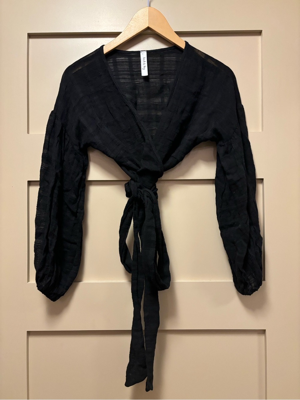 LOCK & KEY Wrap Top Tie Waist Cotton Ballon Sleeve Sheer Textured Crop Plunge